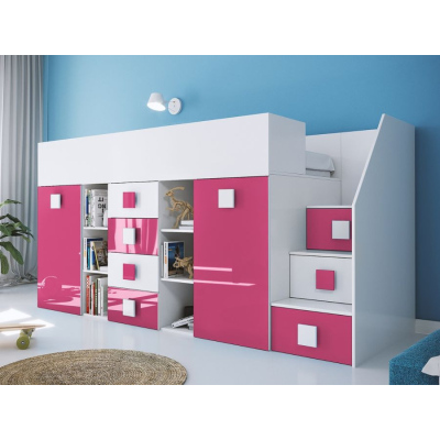 Willy emeletes gyermek ágy tárolóhellyel és íróasztallal - rózsaszín jobbos
