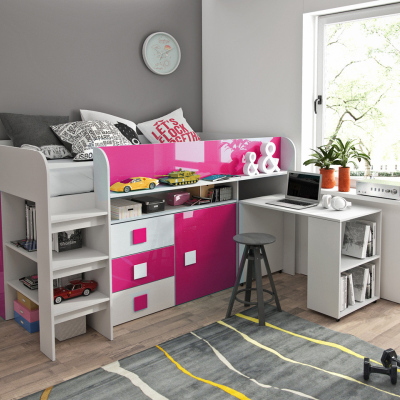 Sisi gyerekágy íróasztallal és tárolóval - fehér/rózsaszín