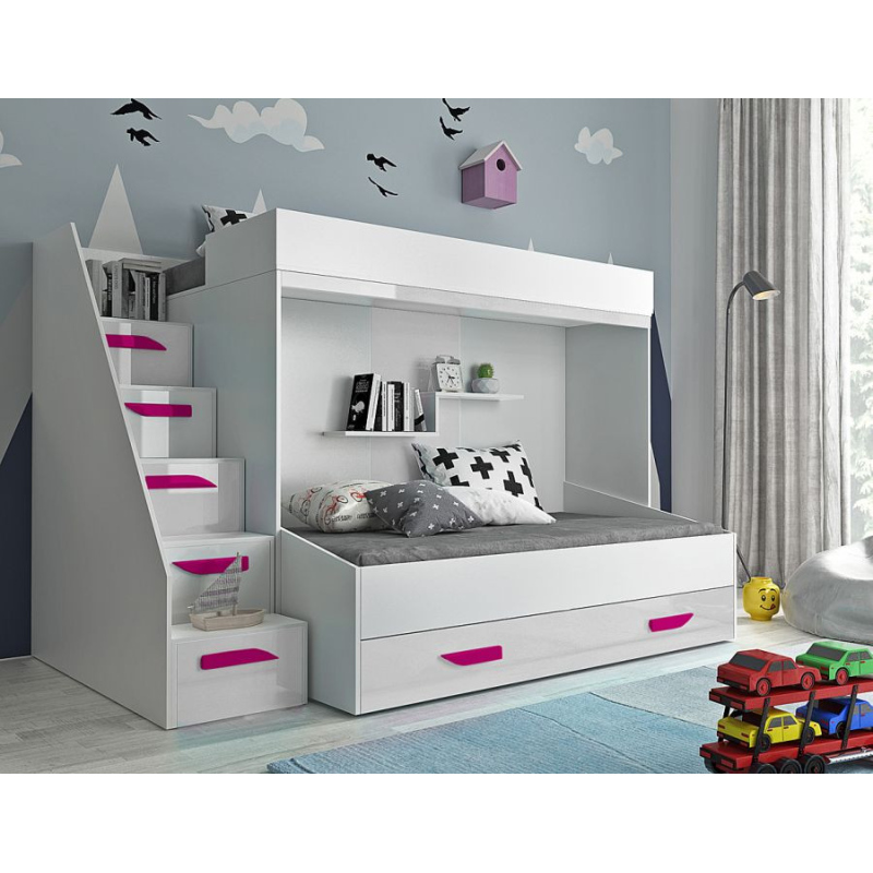Derry emeletes ágy gyerekeknek, tárolóval - fehér/rózsaszín fogantyúk