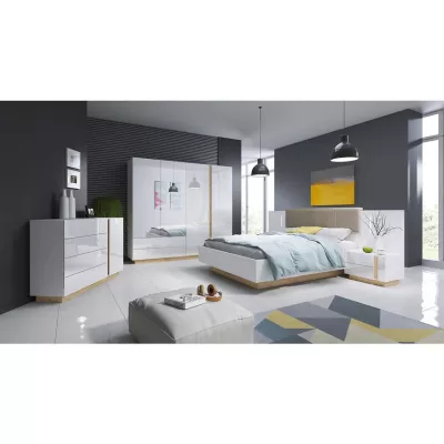 Gardróbszekrény tükörrel 220 cm DOTHAN - unokája tölgy / fehér / fényes fehér