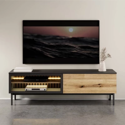 TV állvány 180 cm DEMOPOLIS - tölgyfa / fekete + INGYENES LED világítás