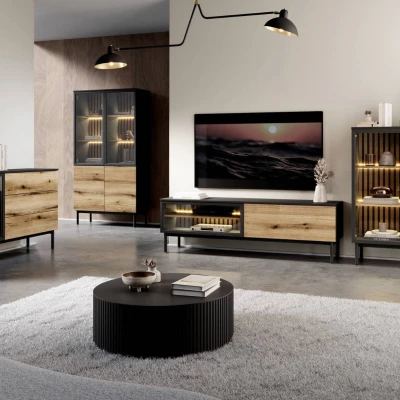 TV állvány 180 cm DEMOPOLIS - tölgyfa / fekete + INGYENES LED világítás