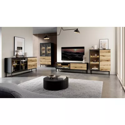 TV állvány 180 cm DEMOPOLIS - tölgyfa / fekete + INGYENES LED világítás