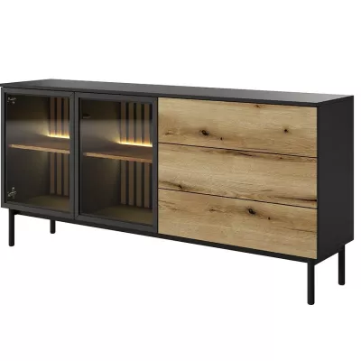 Üveg fiókos szekrény 180 cm DEMOPOLIS - tölgyfa / fekete + INGYENES LED világítás