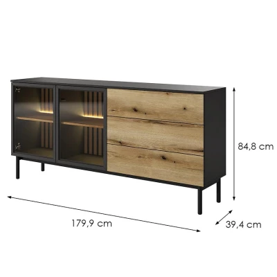 Üveg fiókos szekrény 180 cm DEMOPOLIS - tölgyfa / fekete + INGYENES LED világítás