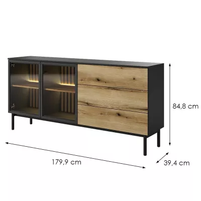 Üveg fiókos szekrény 180 cm DEMOPOLIS - tölgyfa / fekete + INGYENES LED világítás