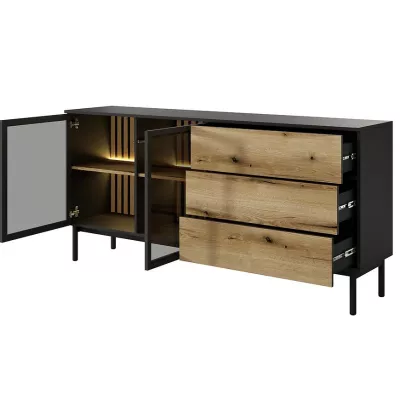 Üveg fiókos szekrény 180 cm DEMOPOLIS - tölgyfa / fekete + INGYENES LED világítás