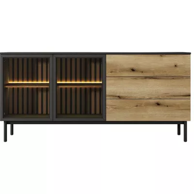 Üveg fiókos szekrény 180 cm DEMOPOLIS - tölgyfa / fekete + INGYENES LED világítás