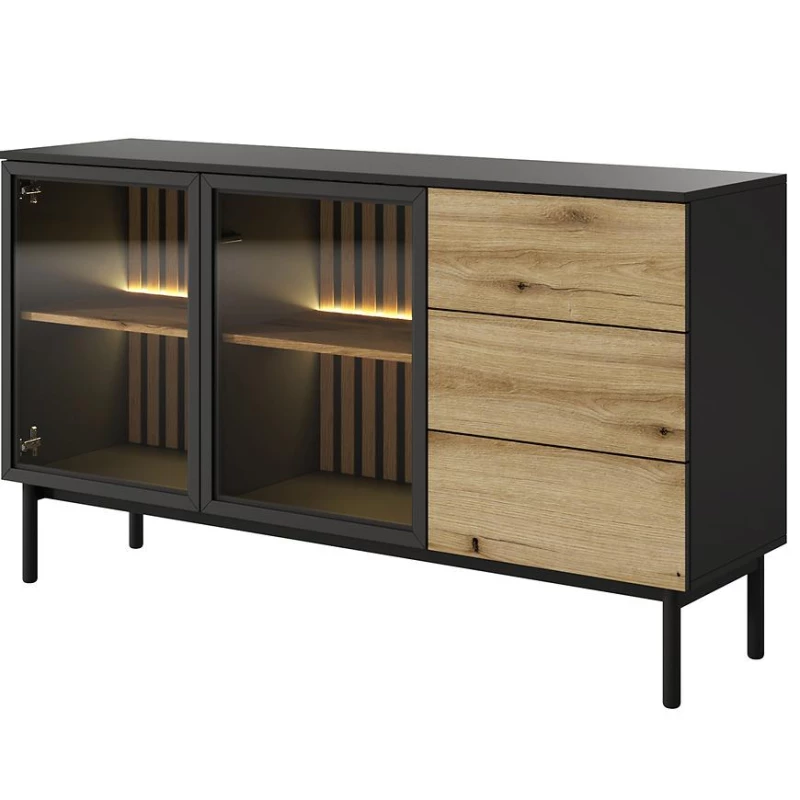 Üveg fiókos szekrény 150 cm DEMOPOLIS - tölgyfa / fekete + INGYENES LED világítás