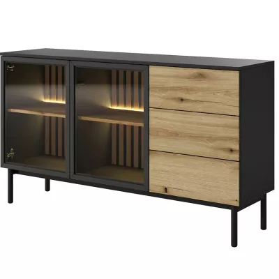 Üveg fiókos szekrény 150 cm DEMOPOLIS - tölgyfa / fekete + INGYENES LED világítás