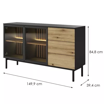 Üveg fiókos szekrény 150 cm DEMOPOLIS - tölgyfa / fekete + INGYENES LED világítás