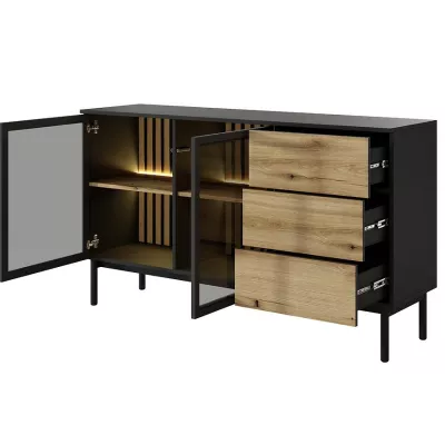 Üveg fiókos szekrény 150 cm DEMOPOLIS - tölgyfa / fekete + INGYENES LED világítás
