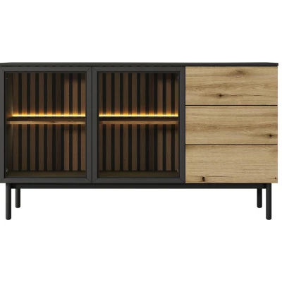 Üveg fiókos szekrény 150 cm DEMOPOLIS - tölgyfa / fekete + INGYENES LED világítás
