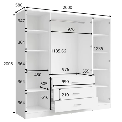 Széles tükrös gardróbszekrény 200 cm SIBATE - fehér