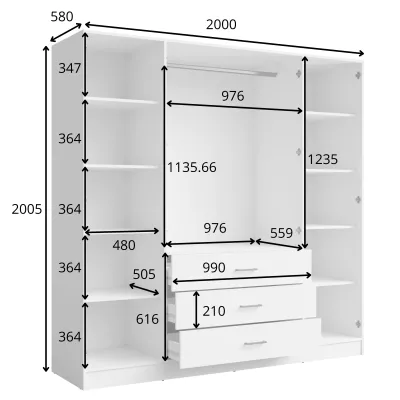 Széles tükrös gardróbszekrény 200 cm SIBATE - fehér