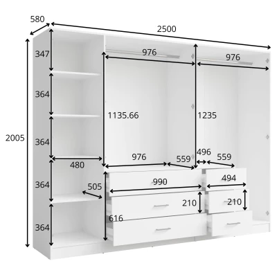 Nagyméretű tükrös gardróbszekrény 250 cm SIBATE - fehér