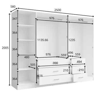 Nagyméretű tükrös gardróbszekrény 250 cm SIBATE - fehér
