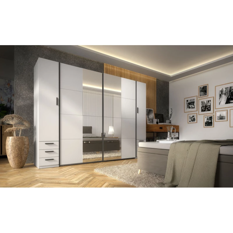 Tükrös gardrób 270 cm fiókokkal GIRADOT - fehér / fekete fogantyúk