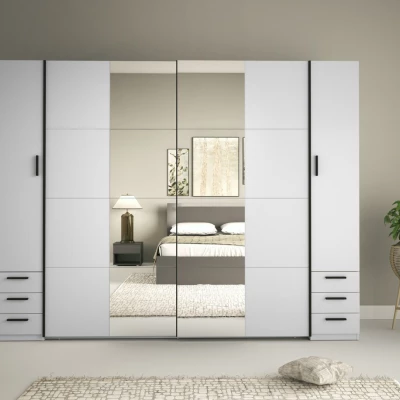 Tükrös gardrób 270 cm fiókokkal GIRADOT - fehér / fekete fogantyúk