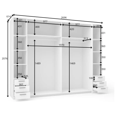 Nagy gardrób 270 cm fiókokkal GIRADOT - fehér / ezüst fogantyúk