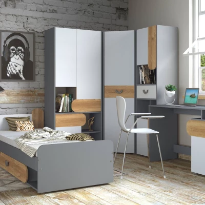 Egyszemélyes ágy 80x195 EDENTON fiókkal - nash tölgy / grafit / fehér