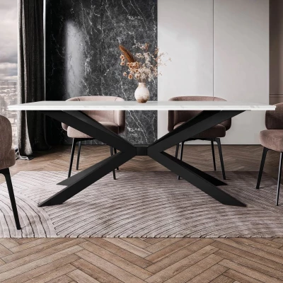 Designer étkezőasztal 190x90 LYNNWOOD - fehér márvány / fényes fehér / fekete