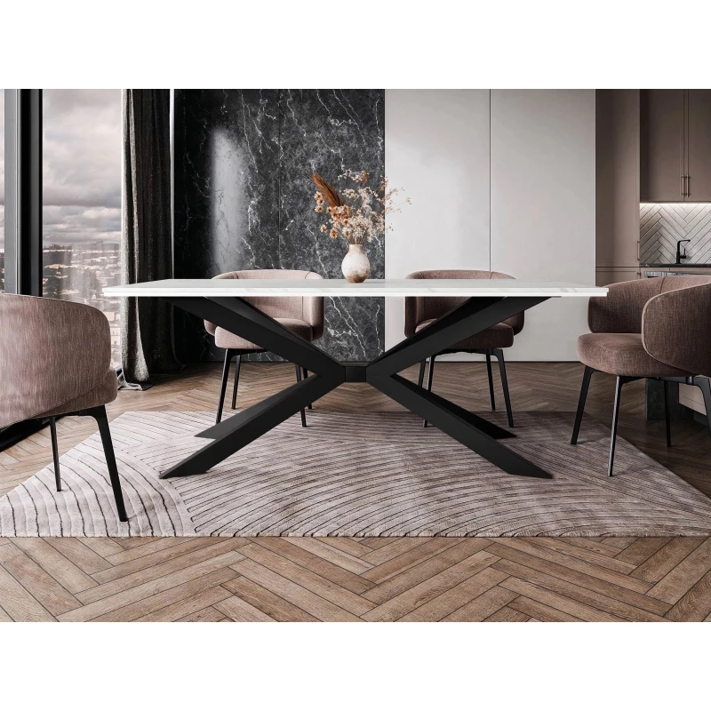 Designer étkezőasztal 190x90 LYNNWOOD - fehér márvány / fényes fehér / fekete