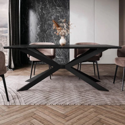 LYNNWOOD dizájner étkezőasztal 190x90 - fekete királykék márvány / fényes fekete / fekete