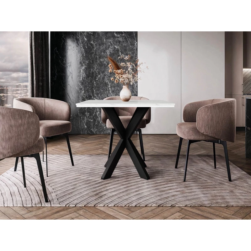 MUKILTEO dizájner étkezőasztal 90x90 - fehér márvány / fényes fehér / fekete