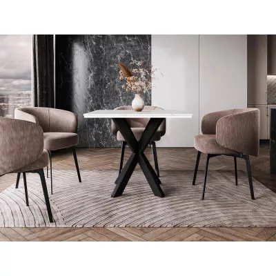 MUKILTEO dizájner étkezőasztal 90x90 - fehér márvány / fényes fehér / fekete