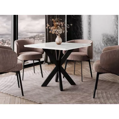 MUKILTEO dizájner étkezőasztal 90x90 - fehér márvány / fényes fehér / fekete