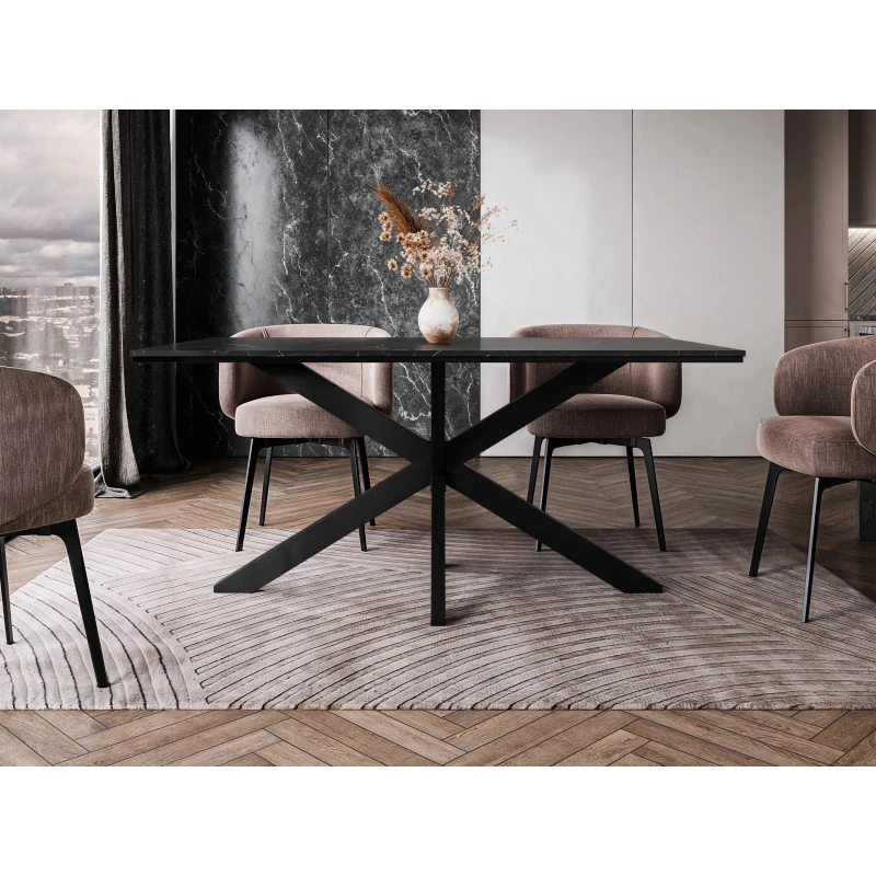 Designer étkezőasztal 160x90 SUMNER - fekete királykék márvány / fényes fekete / fekete