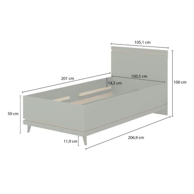 Egyszemélyes ágy 100x200 ARWEN tárolóval - zöld / tölgy