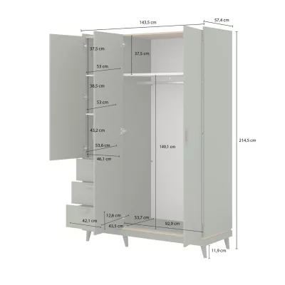Háromajtós szekrény fiókokkal 144 cm ARWEN - zöld / tölgy