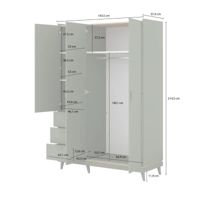 Háromajtós szekrény fiókokkal 144 cm ARWEN - tölgy / tégla