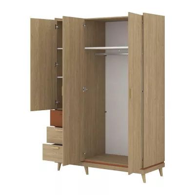 Háromajtós szekrény fiókokkal 144 cm ARWEN - tölgy / tégla