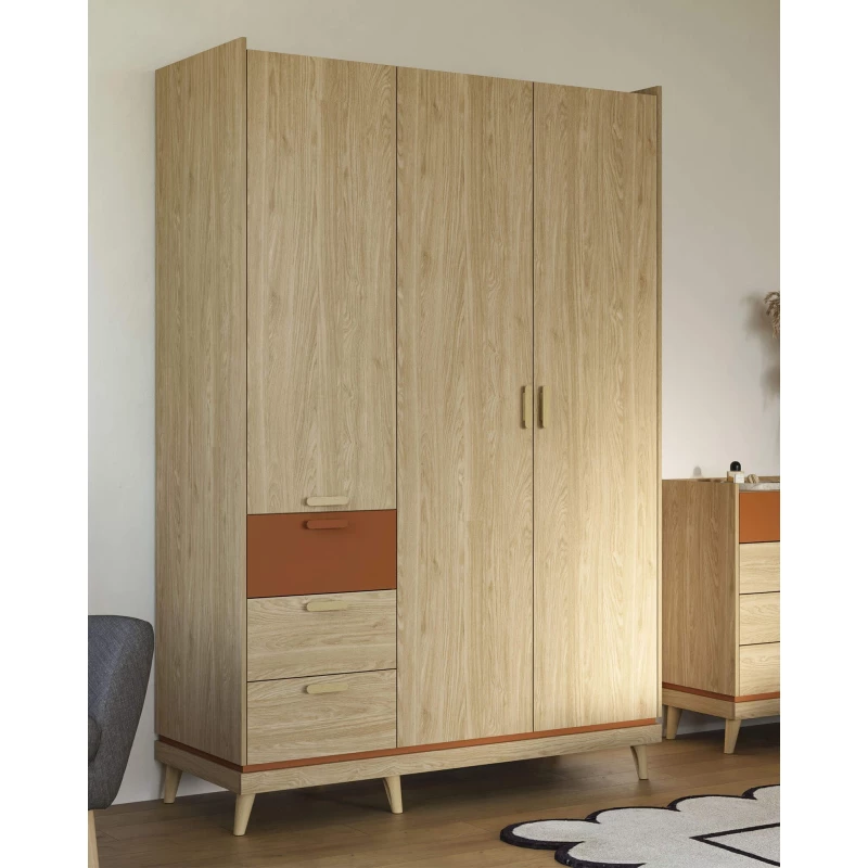 Háromajtós szekrény fiókokkal 144 cm ARWEN - tölgy / tégla