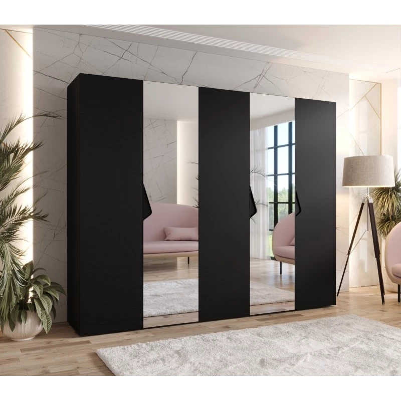 Széles gardrób 250 cm AMARIS 2 tükörrel - fekete / fekete fogantyúk