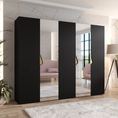 Széles gardrób 250 cm AMARIS 2 tükörrel - fekete / arany fogantyúk