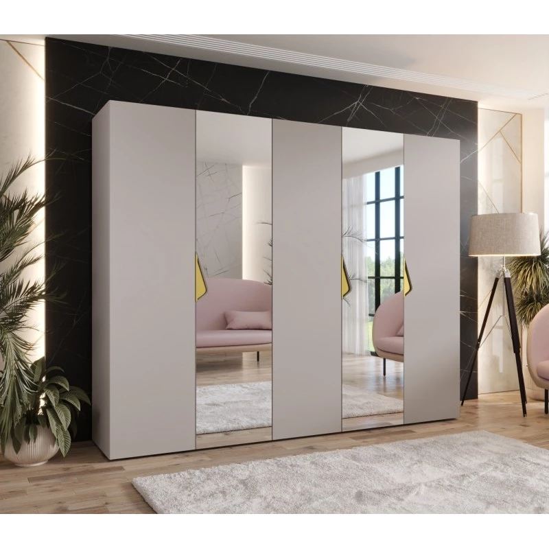 Széles gardrób 250 cm AMARIS 2 tükörrel - kasmír / arany fogantyúk