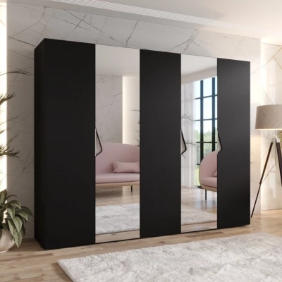 Széles gardrób 250 cm AMARIS 2 tükörrel - fekete / kasmír fogantyúk