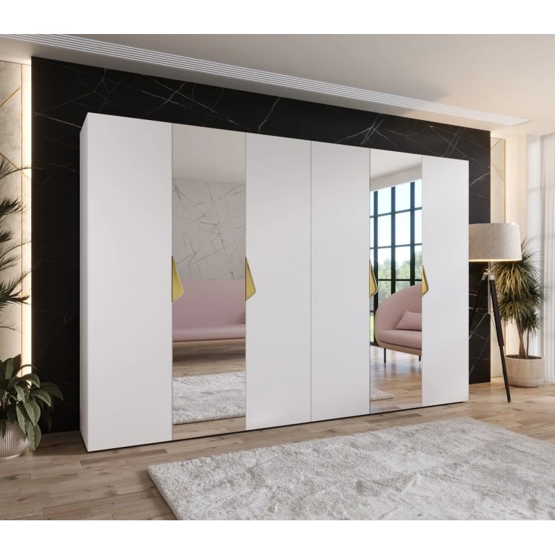Elegáns tükrös szekrény 300 cm AMARIS 2 - fehér / arany fogantyúk
