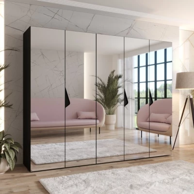 Széles gardrób 250 cm AMARIS 3 tükörrel - fekete / fekete fogantyúk