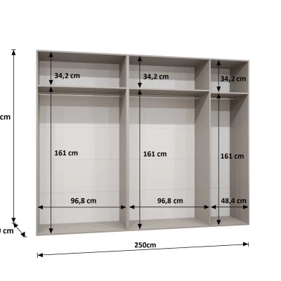 Széles gardrób 250 cm AMARIS 3 tükörrel - fehér / arany fogantyúk