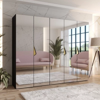 Széles gardrób 250 cm AMARIS 3 tükörrel - fekete / arany fogantyúk
