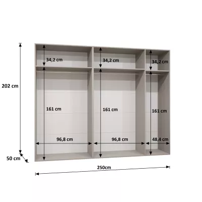 Széles gardrób 250 cm AMARIS 3 tükörrel - kasmír / arany fogantyúk