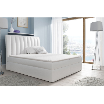 Kaspis kontinentális ágy, fehér ökobőr, 200 x 200 + ingyenes topper