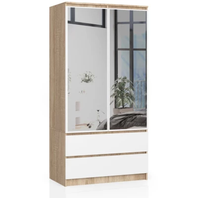 Fiókos és tükrös gardróbszekrény 90 cm LOTA - sonoma tölgy / fehér