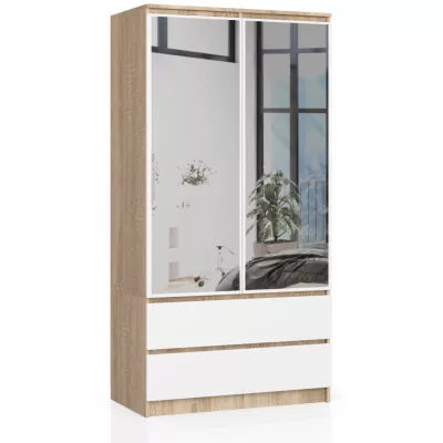 Fiókos és tükrös gardróbszekrény 90 cm LOTA - sonoma tölgy / fehér