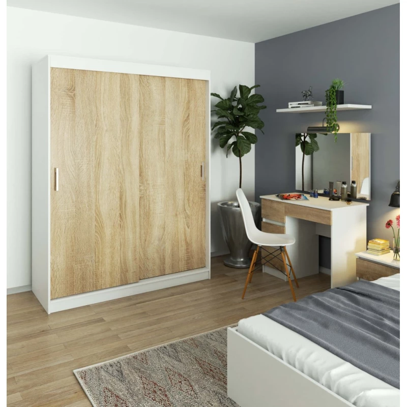 Tágas gardrób 150 cm VALESTRA - fehér / sonoma tölgy